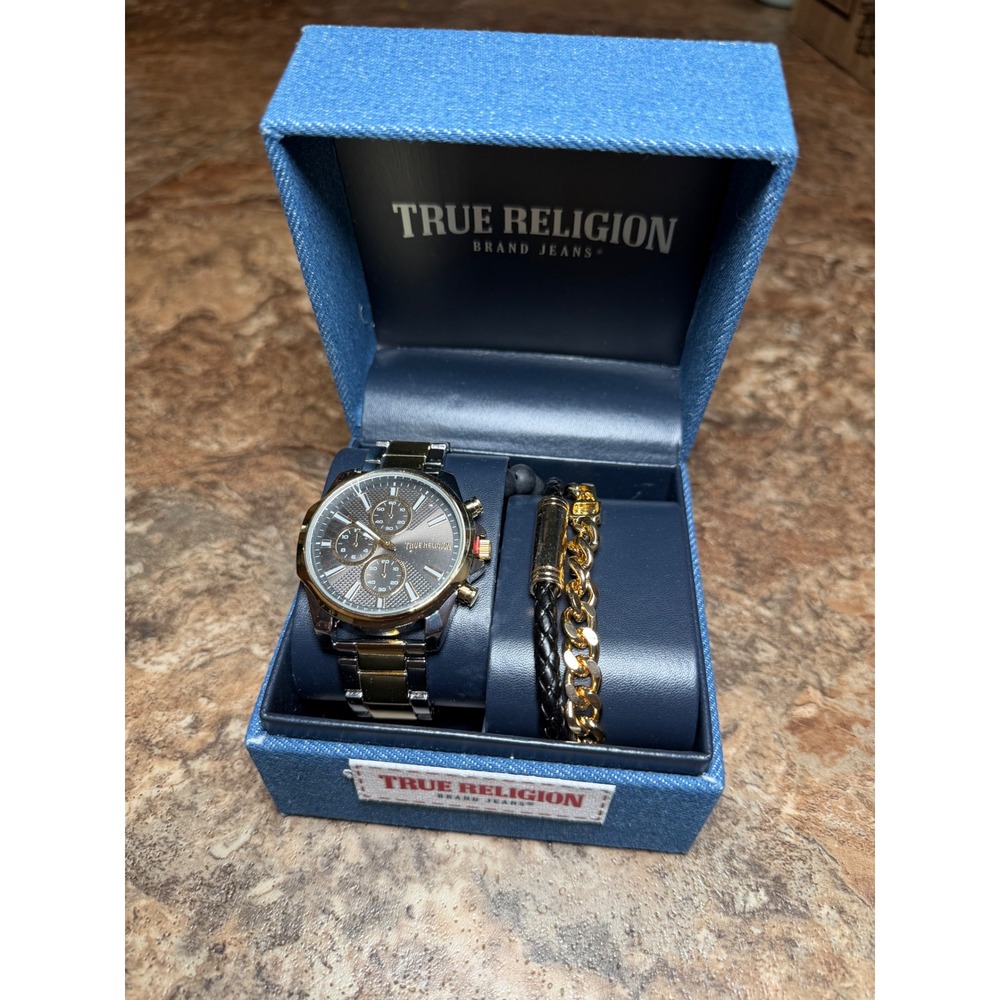 True Religion Mens Two Tone Watch and Bracelet Gift Set Grey Dial New